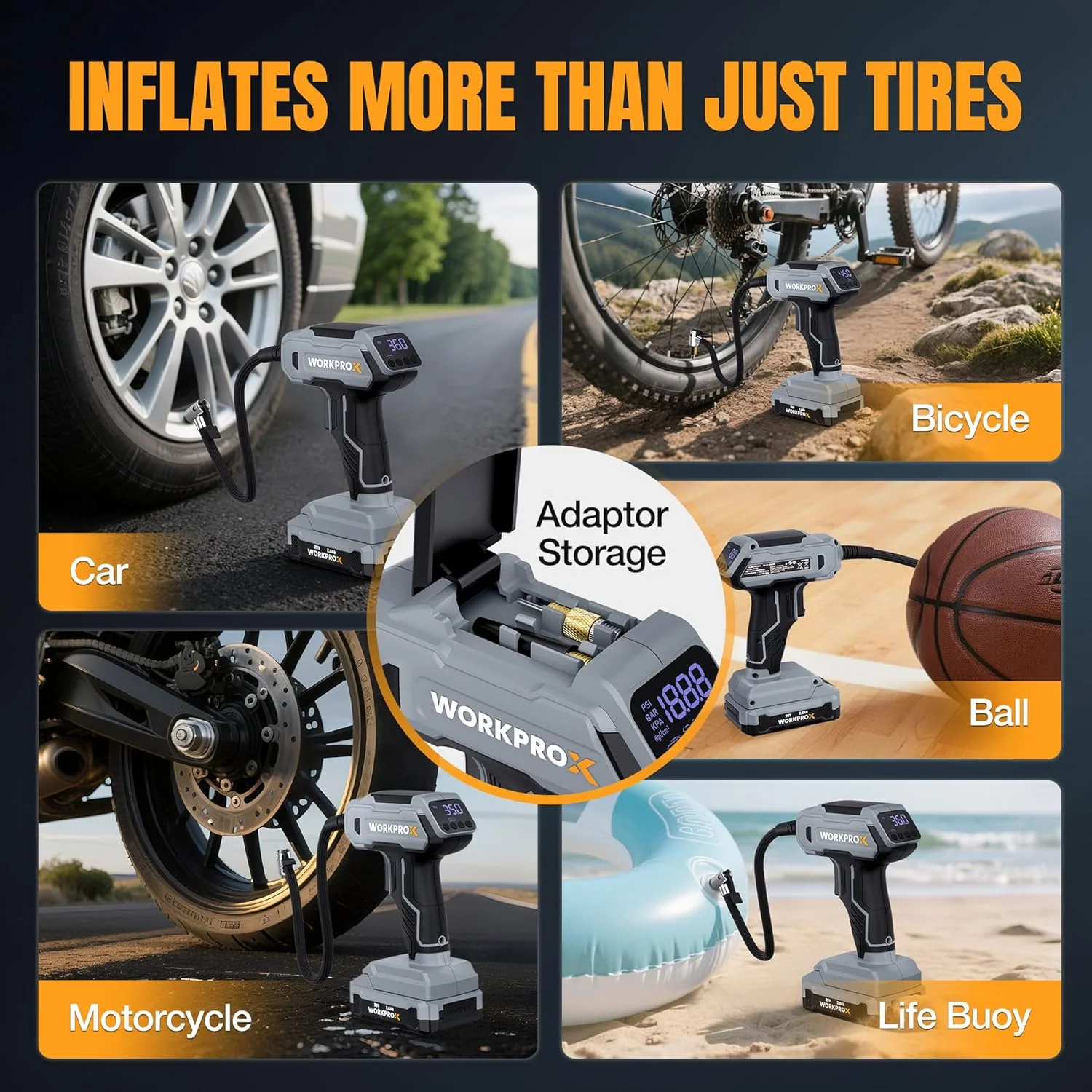 WORKPROX Tire Inflator Portable Air Compressor, 150 PSI Cordless Car Tire Pump with Digital Pressure Gauge, Fast Inflation, Rechargeable Battery & 12V DC Power, for Cars, Motorcycles, Bikes, Balls - Image 7