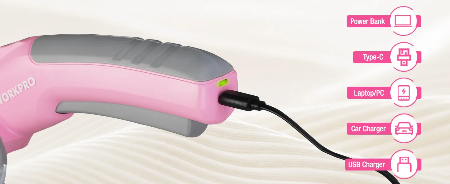Pink power bank with USB cable on a light wood surface, showing Type C and laptop PC charging icons