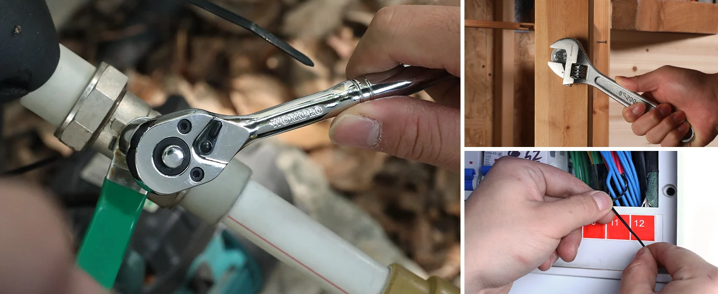 Hand tools at work, including a ratchet wrench, tightening wood screws, and securing cables in a workshop