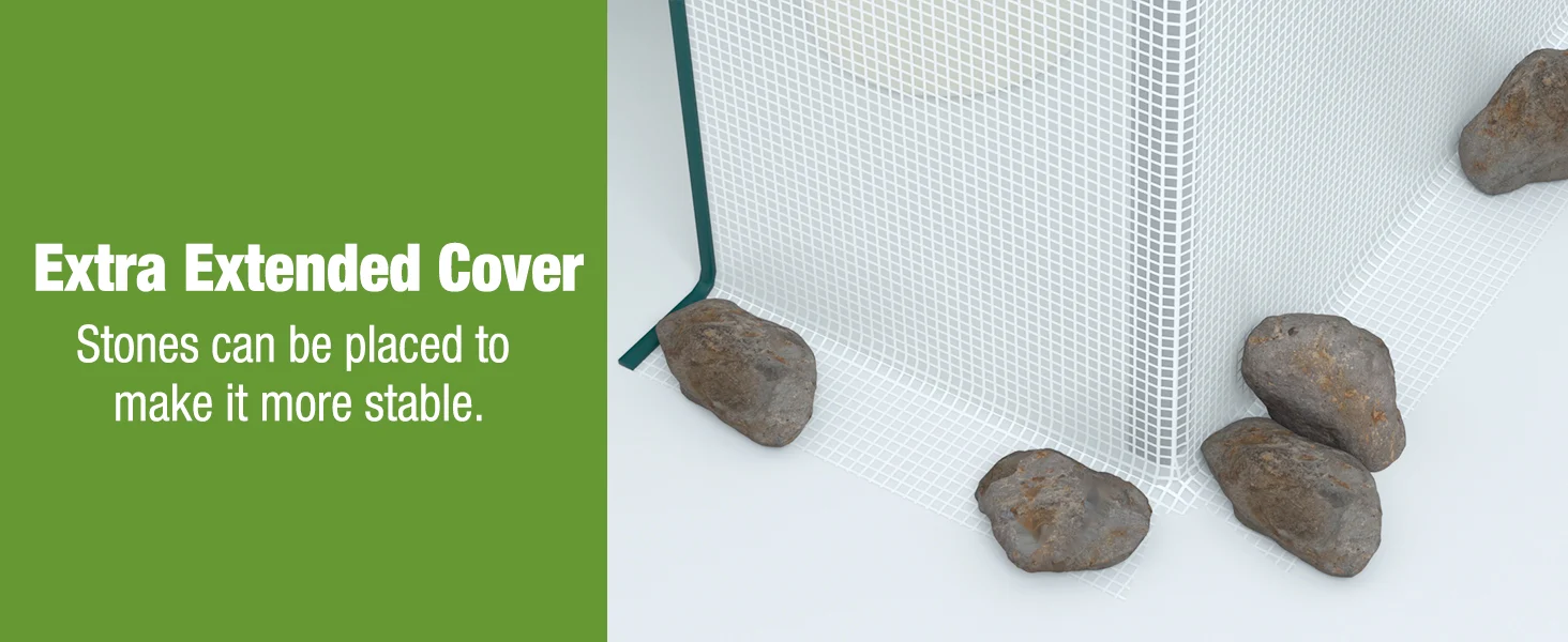 Extra Extended Cover for a pool, with stones placed along the base to improve stability and durability