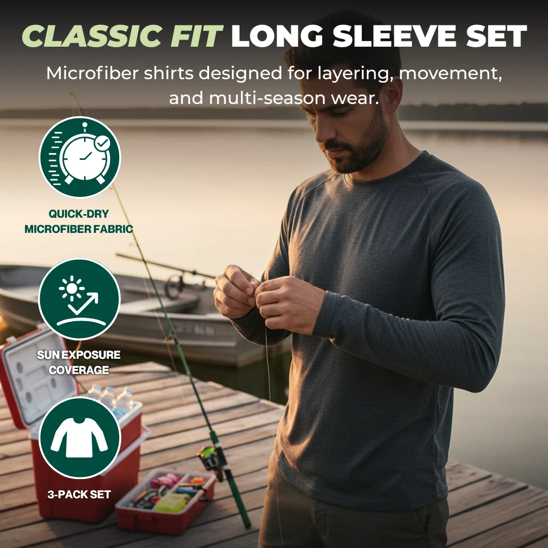Men’s 3-Pack Long Sleeve Shirts, Quick-Dry Fabric, Stretchable