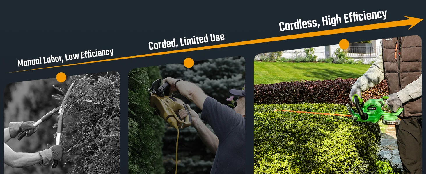 Cordless lawn mower cutting hedges, with innovation and quality shown in a high efficiency outdoor setup