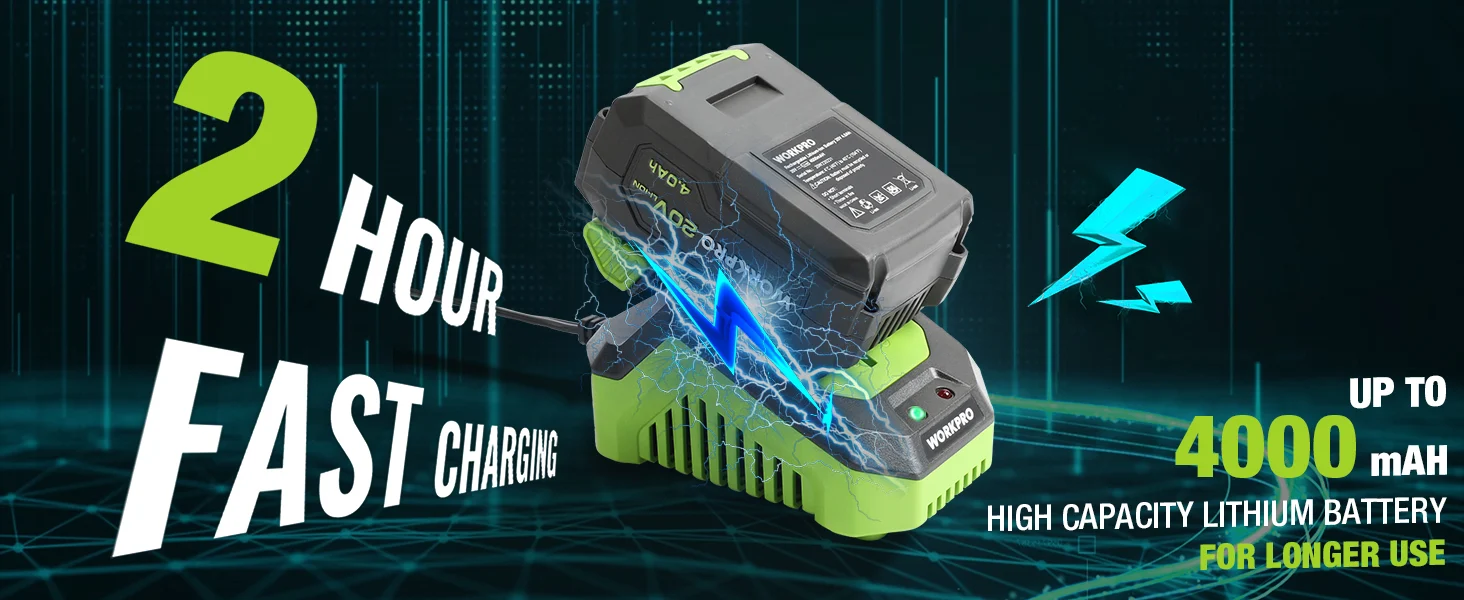 Portable power tool battery pack in gray and lime green with glowing blue circuitry, innovation and quality shown