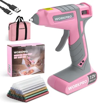 WORKPRO Cordless Hot Glue Gun Kit, 30s Fast Heat, 7.2V Dual Temp, 2600mAh Battery, 50 Glue Sticks, USB-C Charging & Storage Bag - Pink Ribbon