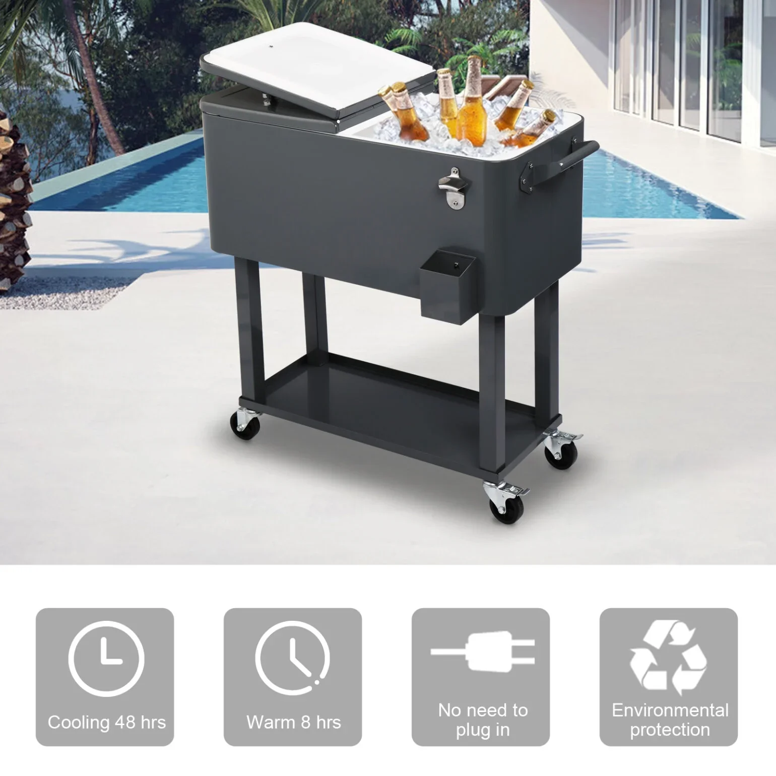 80Qt All-In-One Cooler Cart With Bottle Opener, Lower Storage Shelf and Cap Catcher, Outdoor Party Rolling Cooler With Lockable Wheels For Pool Side, Patio, Balcony, Mint(33.07 x 15.16 x 35.83)" - Image 44