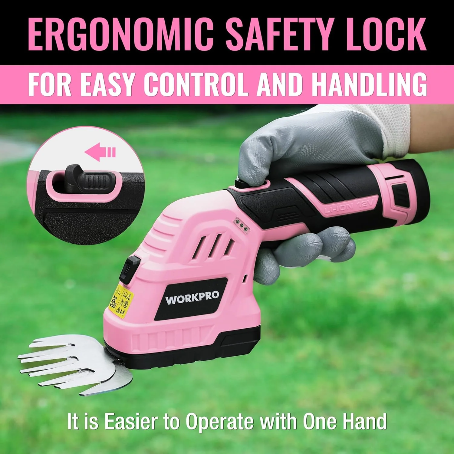 WORKPRO 12V Cordless 2 in 1 Handheld Cordless Grass Shear & Shrubbery Trimmer with 2.0Ah Rechargeable Lithium-Ion Battery &1 Hour Fast Charger - Pink Ribbon - Image 5