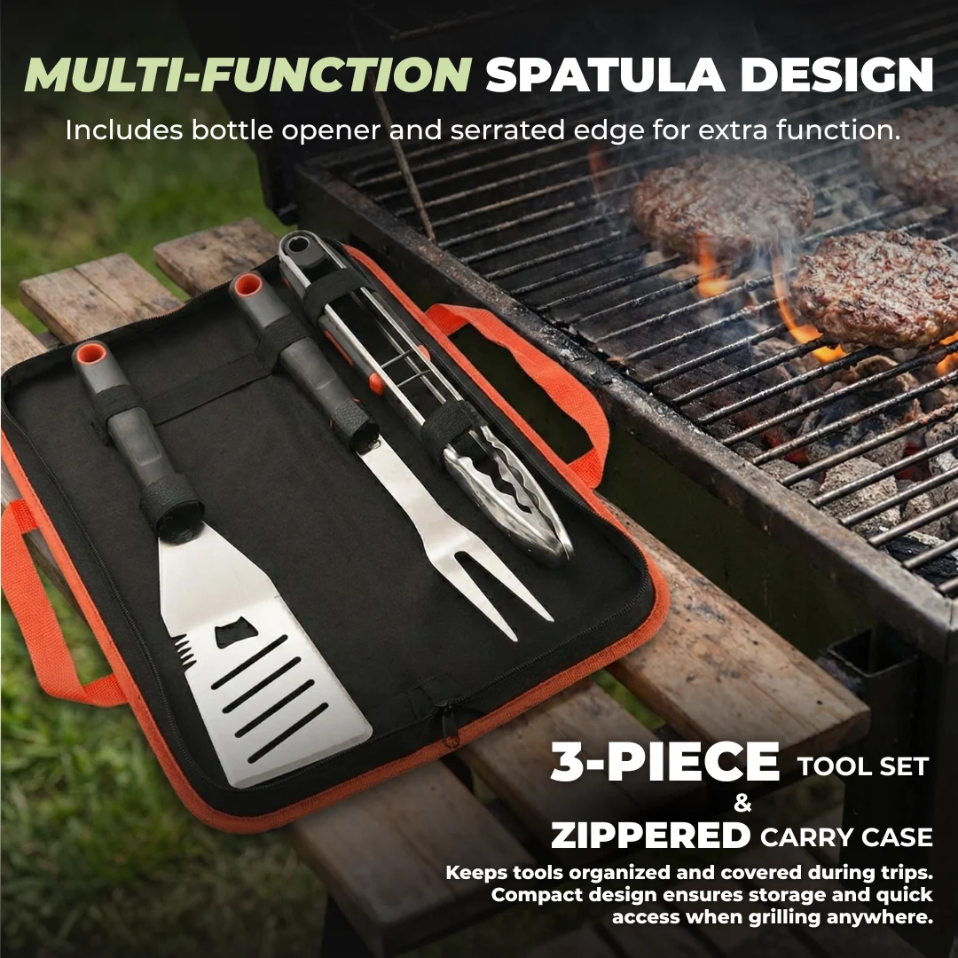 Stainless Steel BBQ Tool Set with Spatula, Fork, Tongs and Carry Case