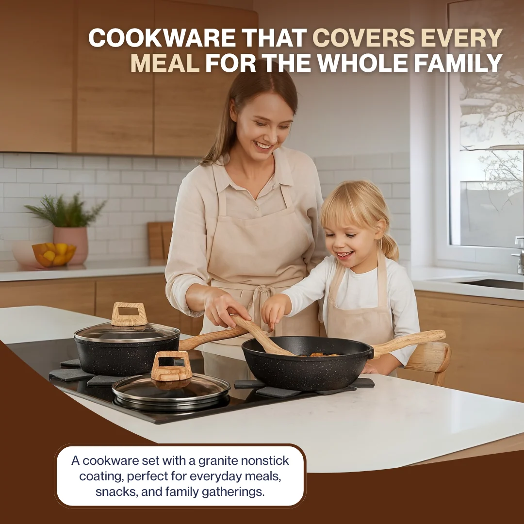 Aluminum Nonstick Cookware Set with Granite Coating & Glass Lids