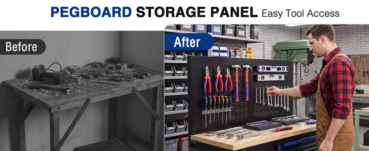 Workbench storage panel with tools and labeled before and after views, showing innovation and quality