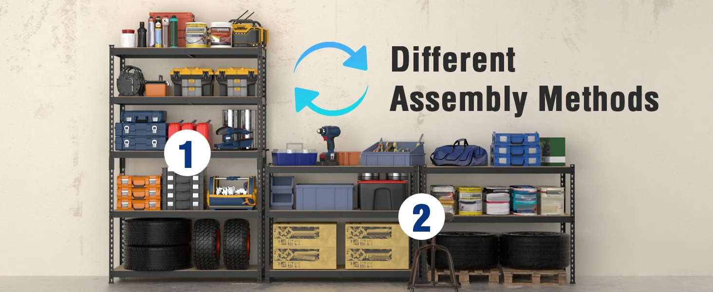 Workshop shelving with tools and bins, showing Different Assembly Methods steps 1 and 2