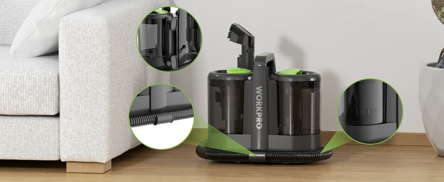 Cordless vacuum cleaner base on a wooden floor with closeups showing attachments, durable quality and innovation