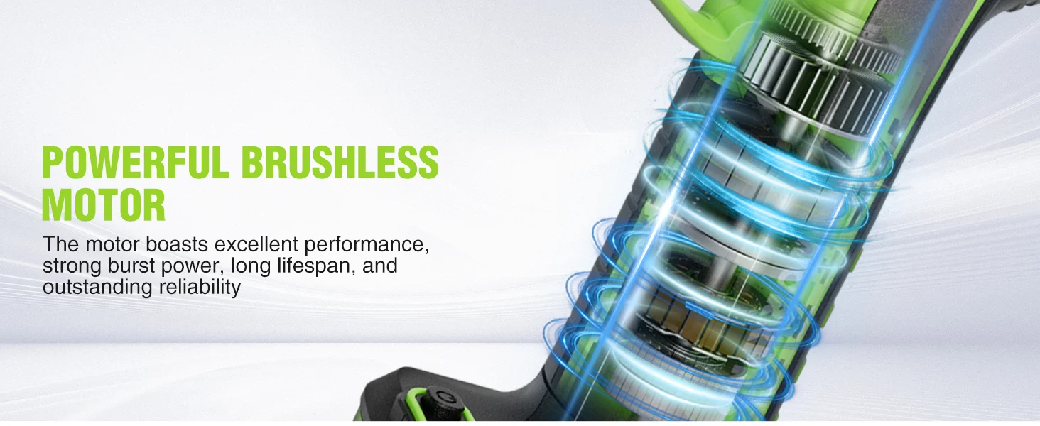 Cordless power tool motor with glowing blue airflow lines and green casing, showing innovation and durable quality