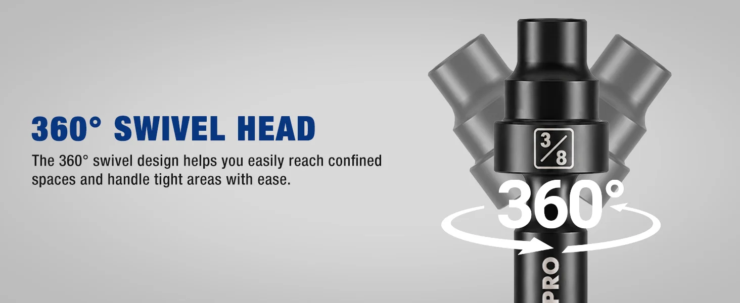 360 swivel head tool with rotating 360 degree arrows, showing innovation and convenient reach in tight spaces