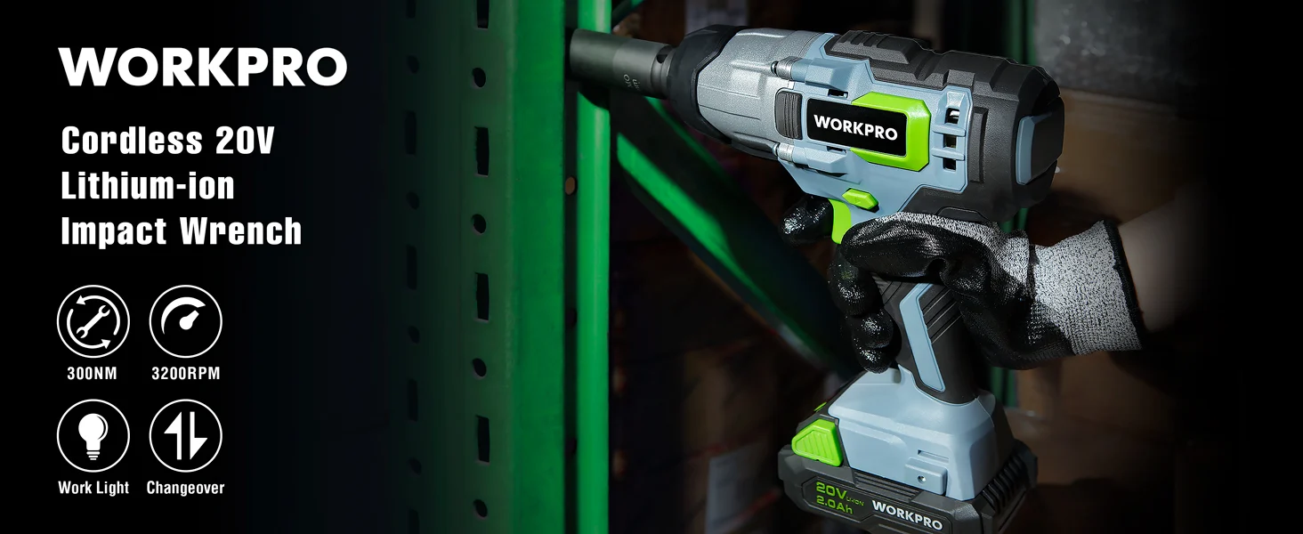 Cordless impact wrench with WORKPRO branding, green tool rack background, showing innovation and quality details