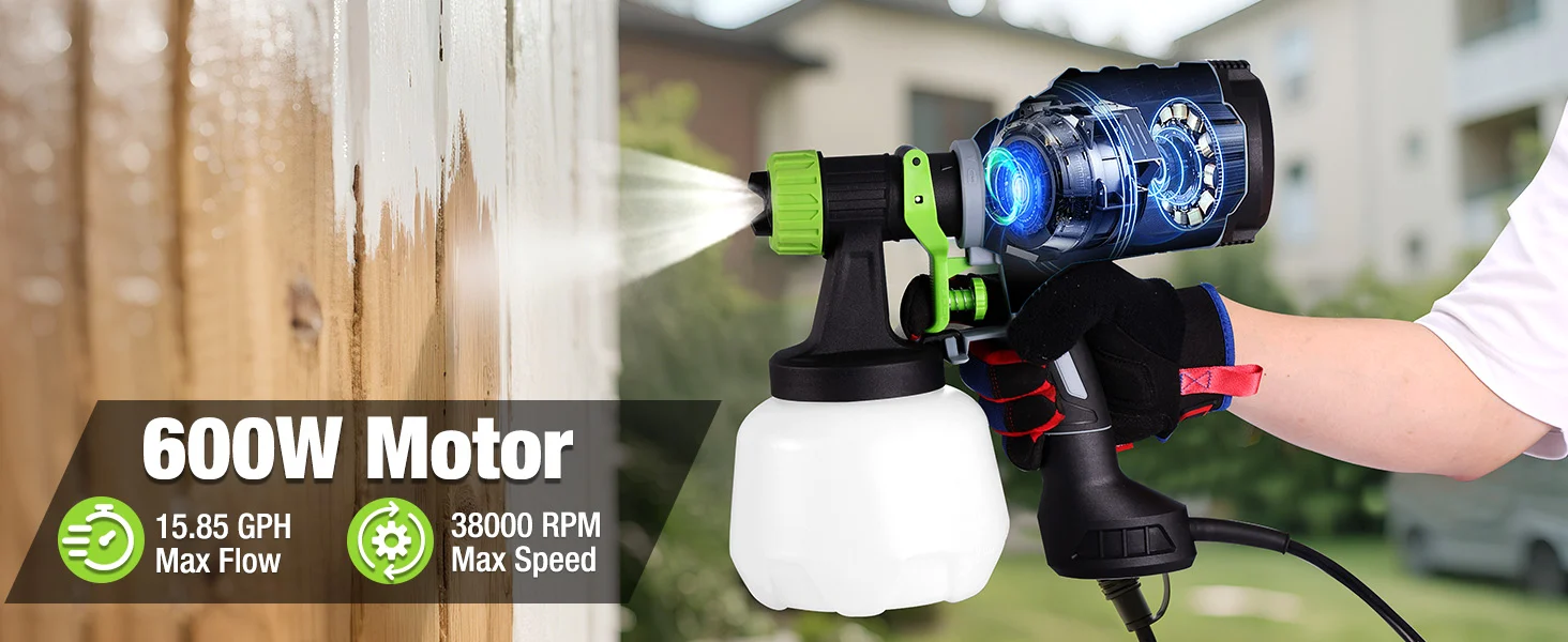 Hand holding a cordless sprayer with a glowing nozzle, with innovation and quality shown in the display