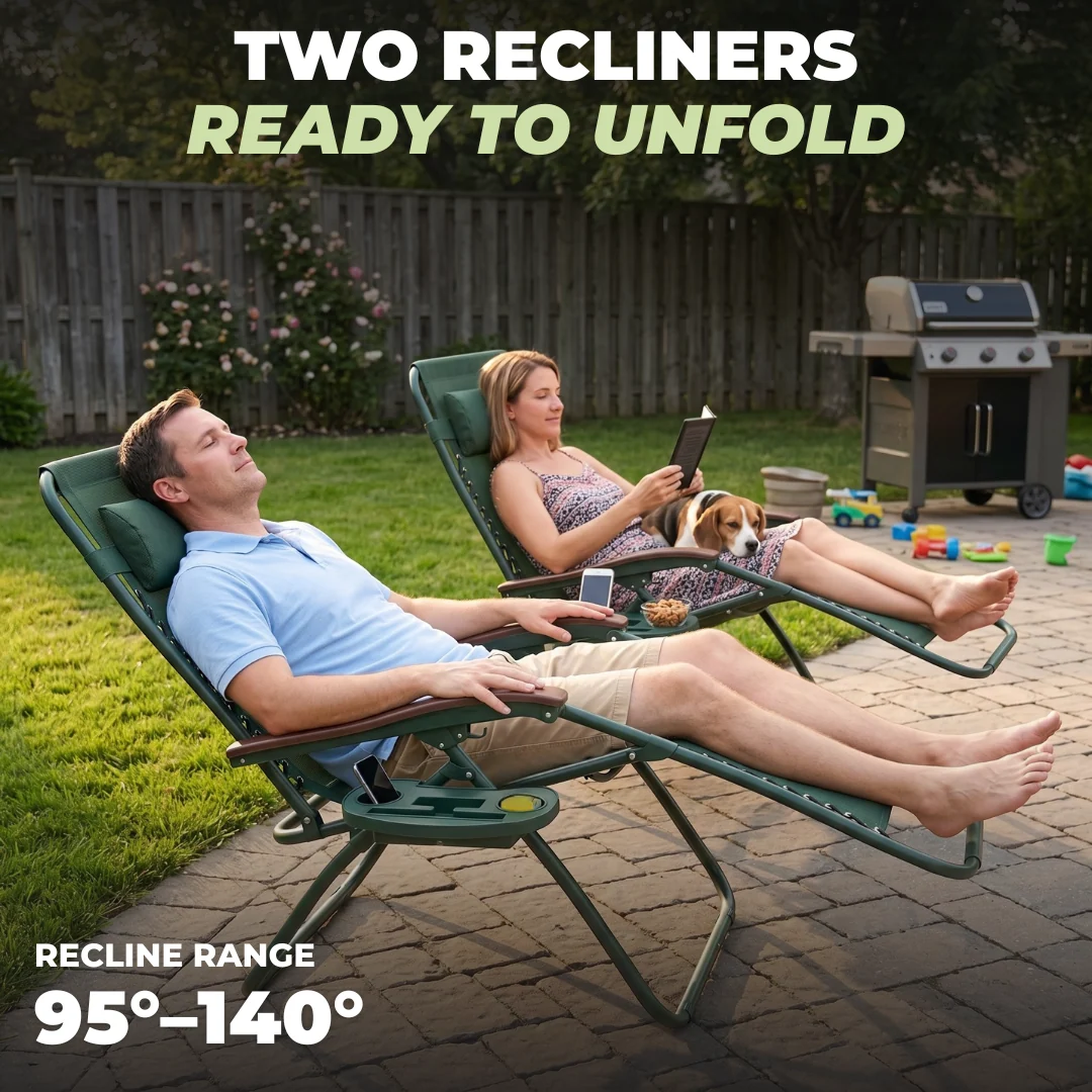 Set of 2 Folding Reclining Patio Lounge Chairs with Cup Holder Trays