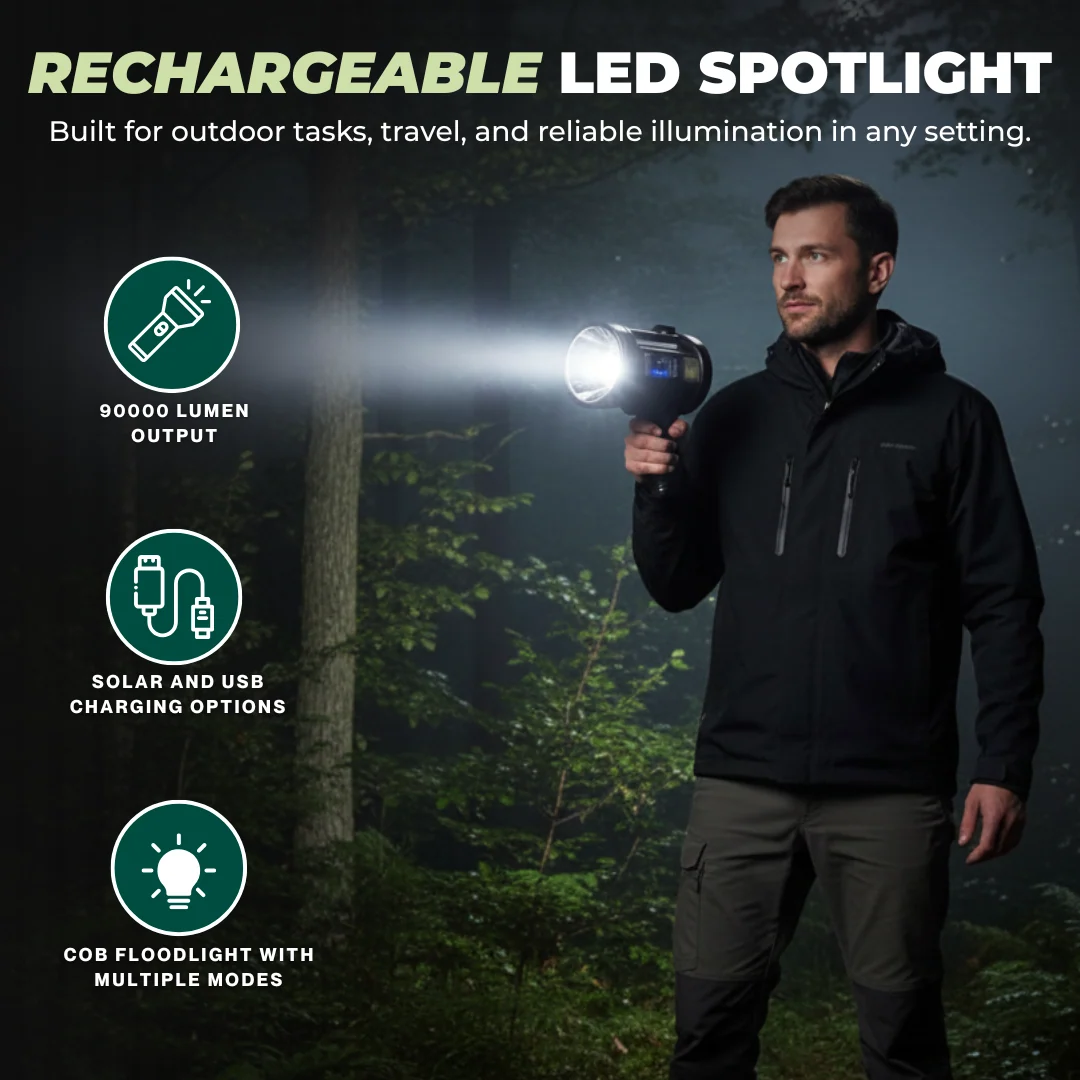Rechargeable 90000 Lumen LED Spotlight with Solar Power and Floodlight