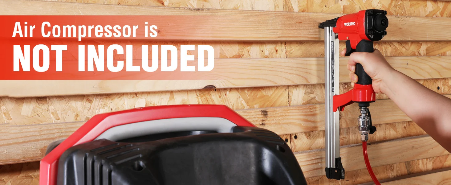 Hand holding a red air compressor tool against wooden wall, with text saying innovation and quality not included
