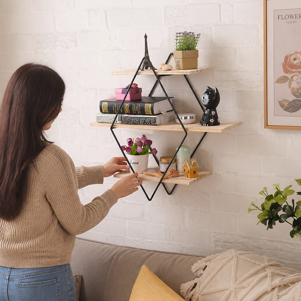 Diamond-Shaped Wood and Iron Wall Shelf (3-Tier) - Image 2