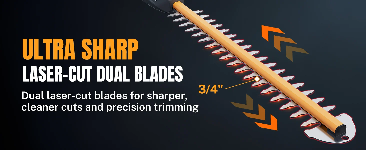 Trimmer blade with laser cut dual blades, innovation and quality shown in a dark graphic layout