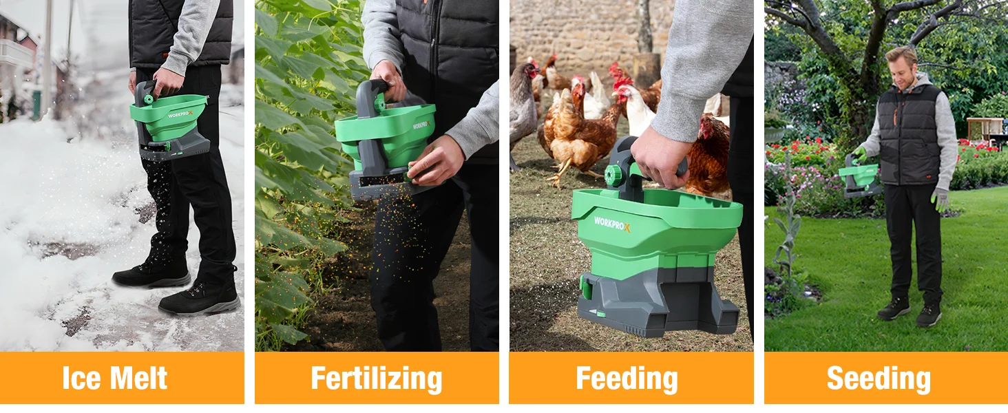 A green garden spreader in use, with innovation and quality, scattering seed and fertilizer on grass