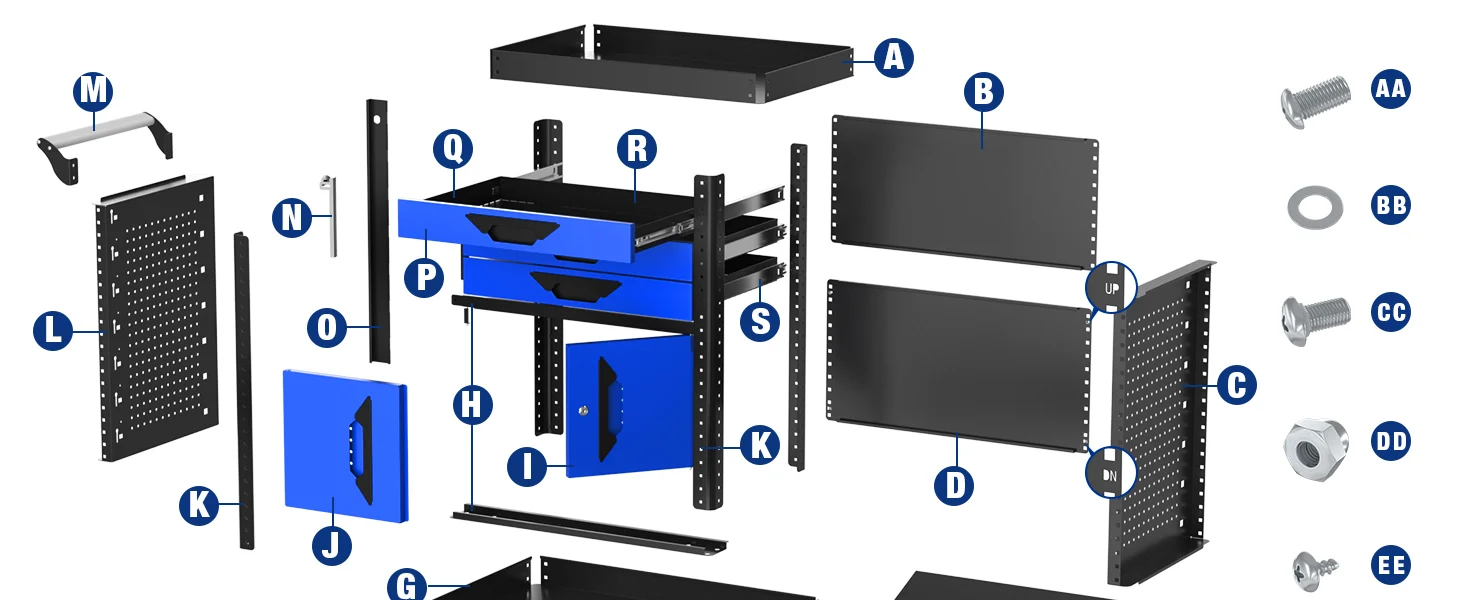 Metal wall mount rack assembly diagram showing labeled parts, blue and black panels, and bolt hardware for durable quality