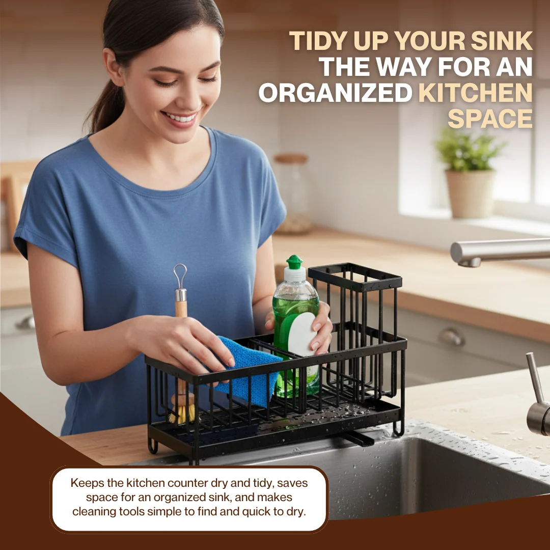 Stainless Steel Sink Caddy Organizer with Rotatable Drain Spout
