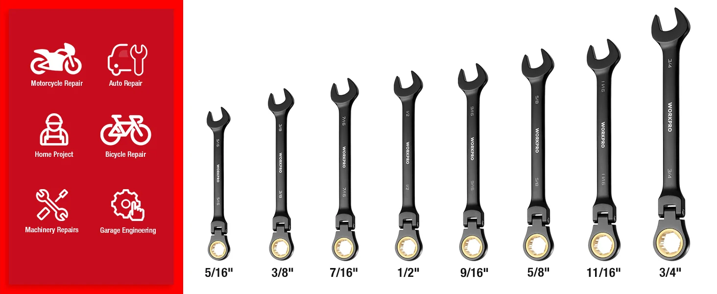 Assorted wrench sizes shown with red repair icons, including 5 16, 3 8, 7 16, 1 2, and 9 16
