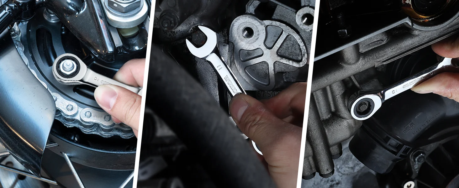 Mechanic hand using a wrench on an engine component, showing innovation and quality in secure, durable work