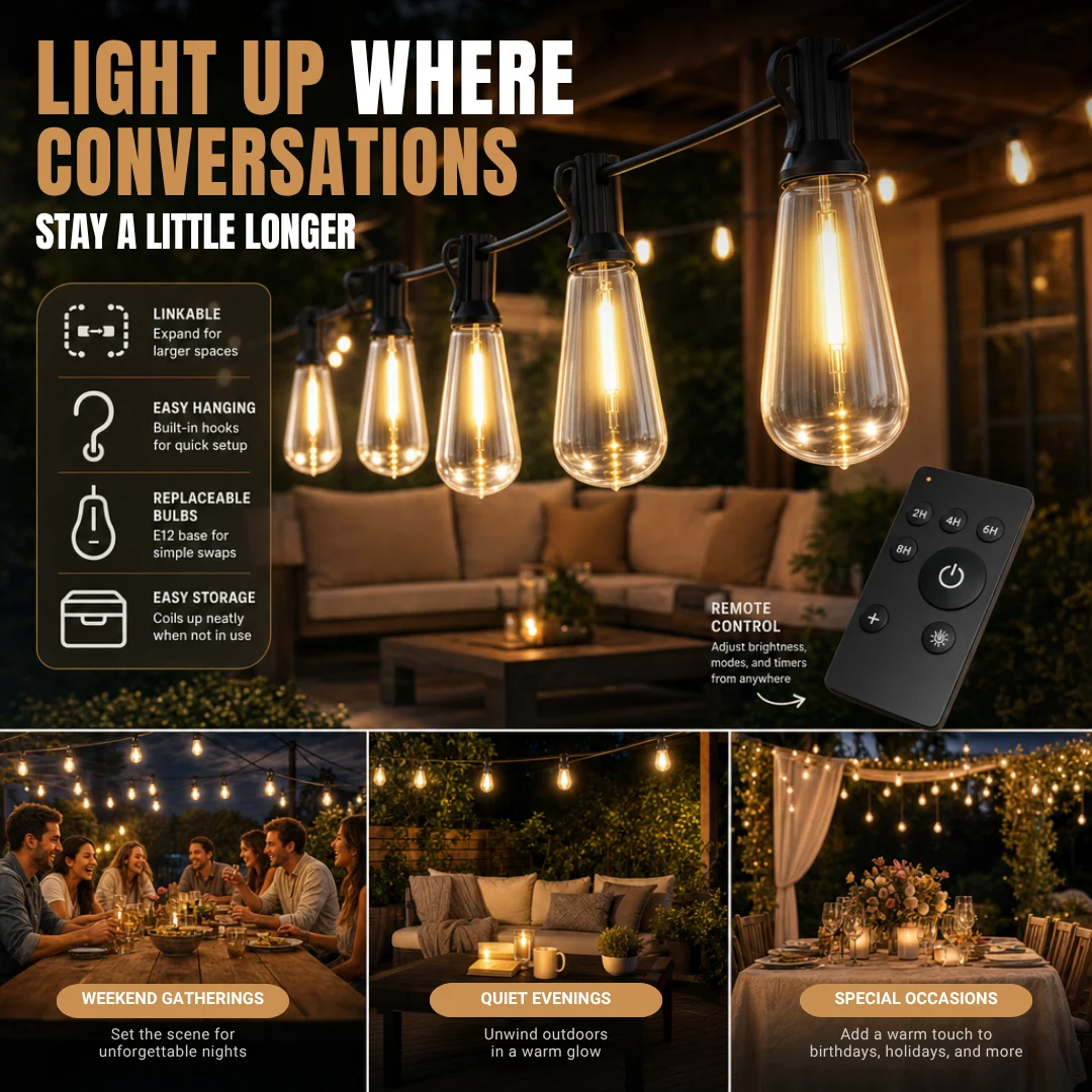 Outdoor LED String Lights Water-Resistant Dimmable Patio Set