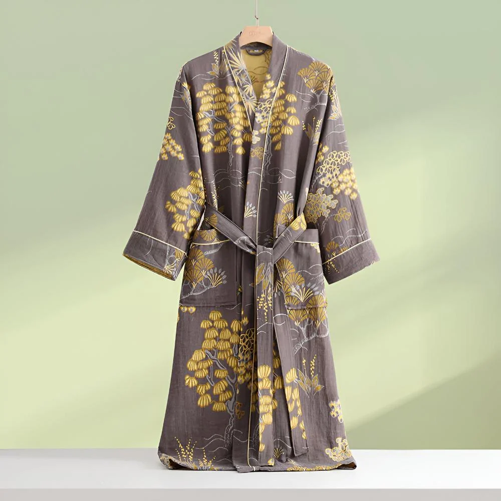Bathrobe Cotton Gauze Gold Floral Waist Tie