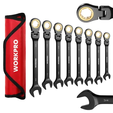 WORKPRO 8 Pcs Ratcheting Combination Flex-Head Anti-Slip Wrench Set, SAE