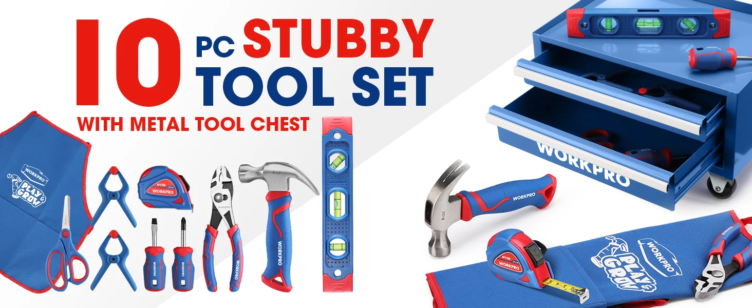 PC STUBBY tool set with metal tool chest, screwdrivers, pliers, and level, showing innovation and quality