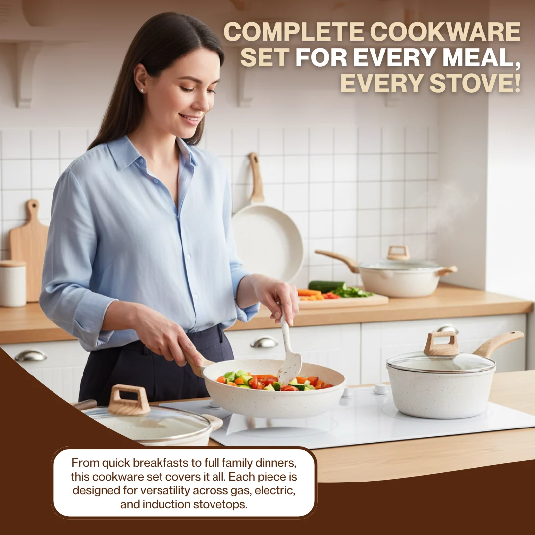 Cream White Granite Nonstick Cookware Set, Multi-Stovetop Compatible