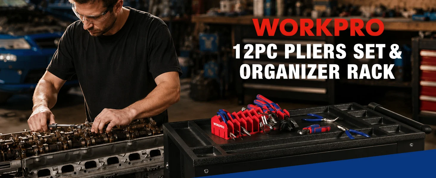 Mechanic working on an engine with a tool organizer rack, showing innovation and quality in a workshop