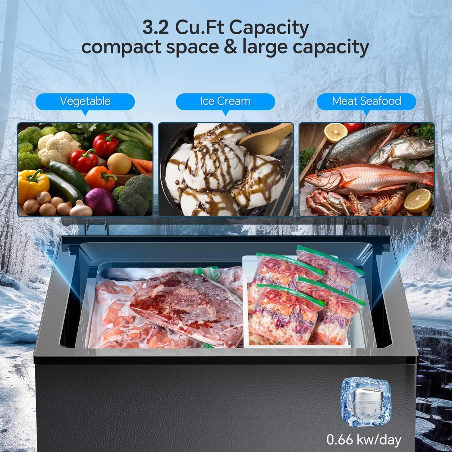 Kismile 3.2 Cubic Feet Chest Freezer with Removable Basket D5880 - Image 3