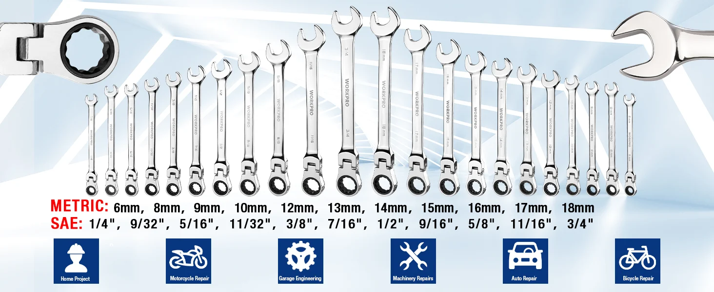 Set of metric and SAE wrenches with chrome finish, labeled measurements for durable, secure, convenient use