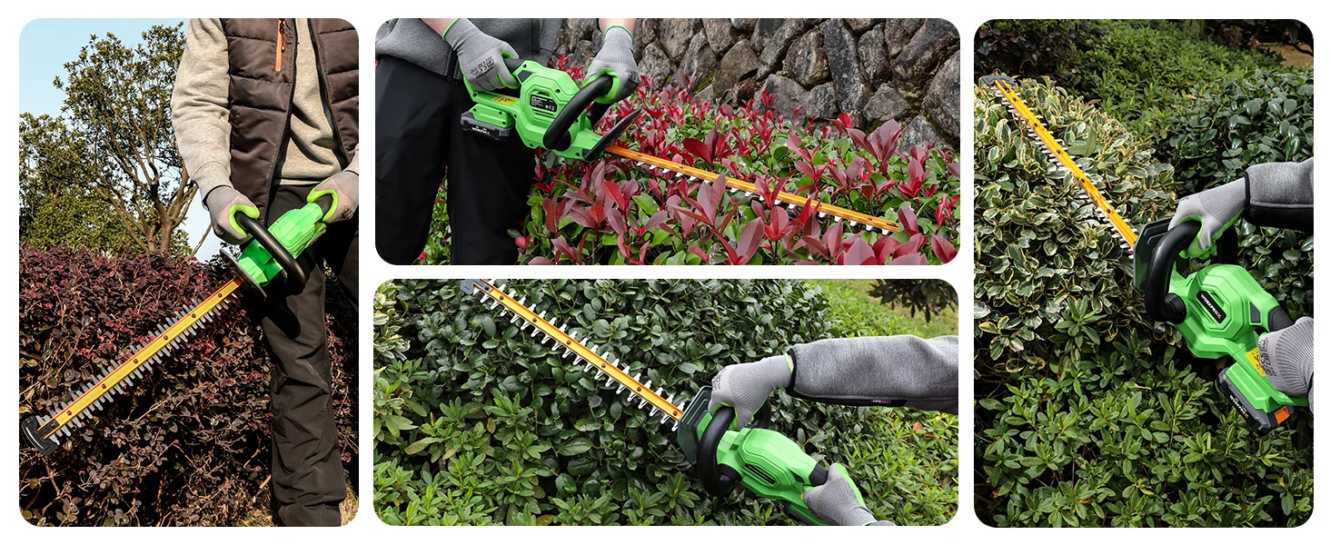 Garden workers use a green battery hedge trimmer on shrubs, showing innovation and quality in yard maintenance