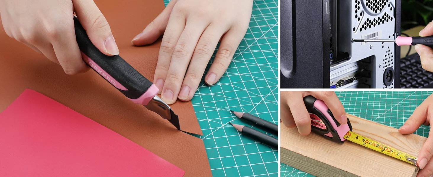 Hands cutting leather with a craft knife, and measuring a wooden board on a green cutting mat