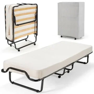 Folding Rollaway Bed, Metal Frame Bed Storage Cover Included, Portable Foldable Guest Bed for Adults, Cot Size Fold up Bed with Memory Foam Mattress on Wheels 76.5" x 31.5" x 16"