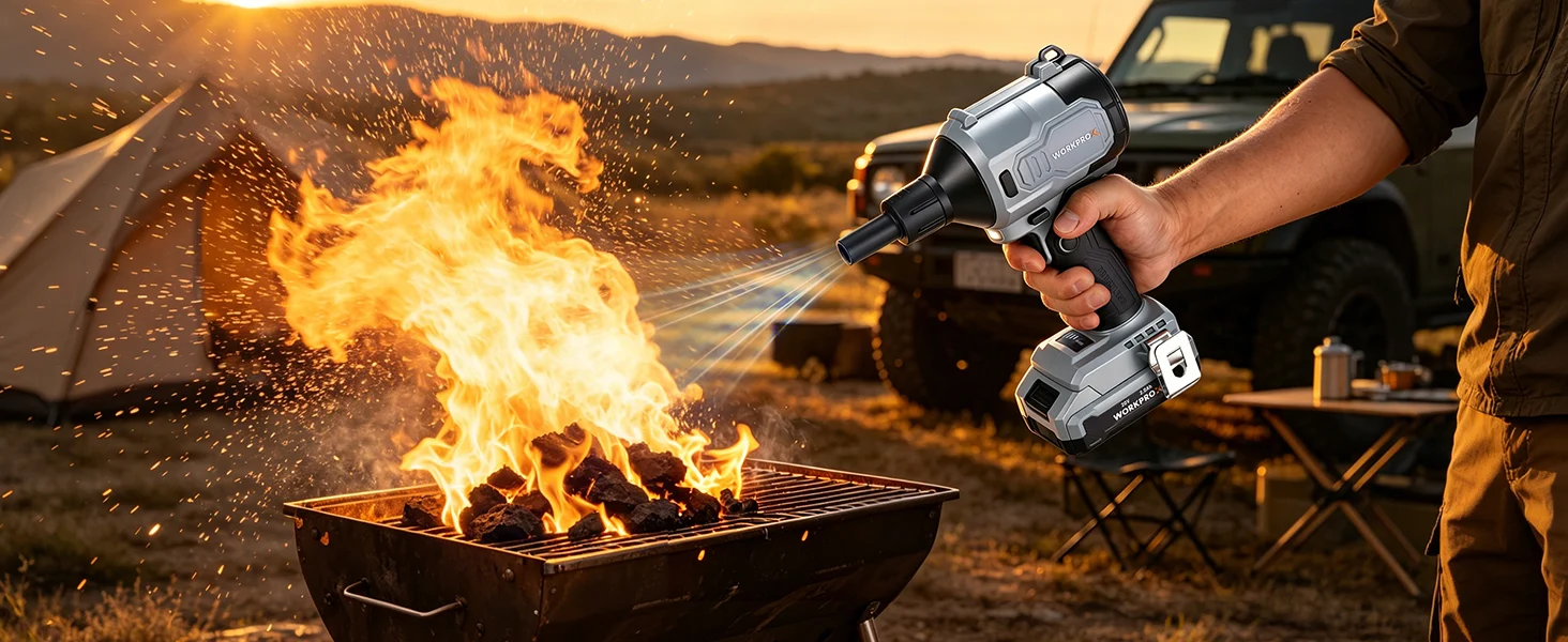 Hand holds a power tool firing sparks and flames over a grill, showing innovation and durable quality outdoors