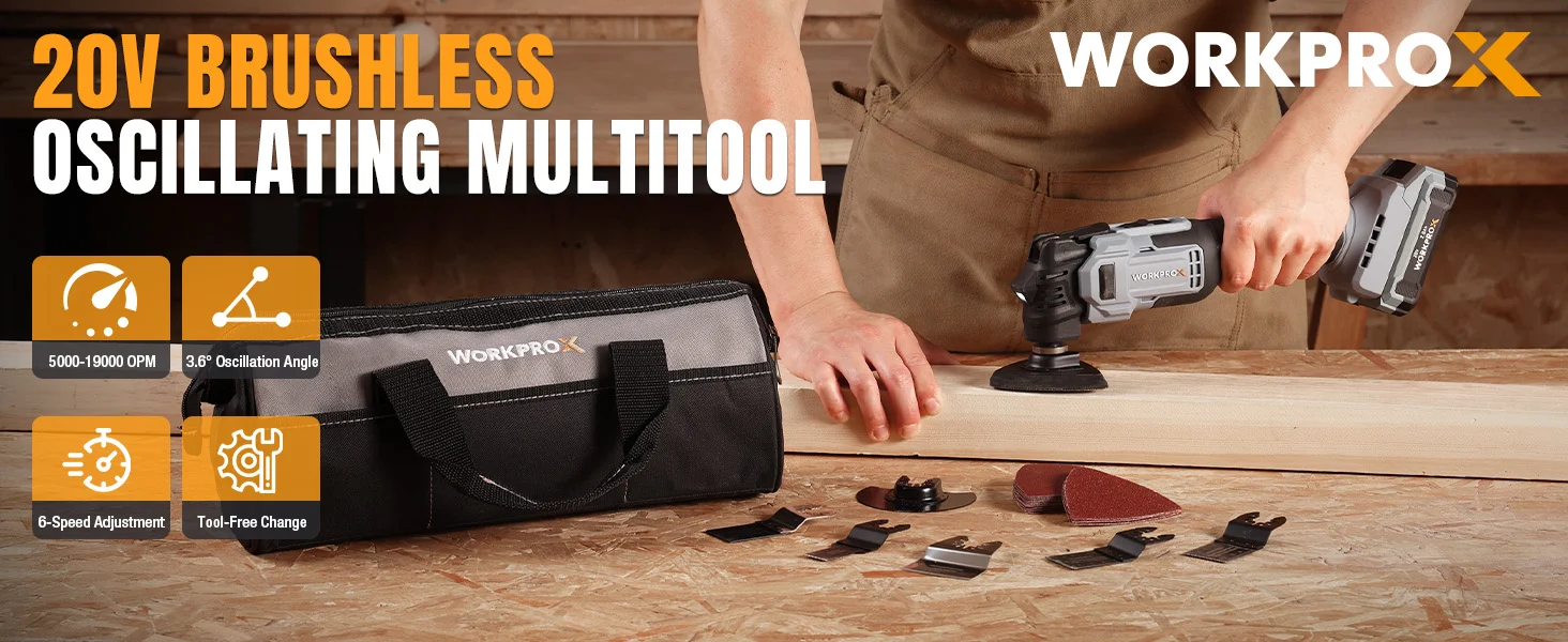 Cordless oscillating multitool on wood with a tool bag, showing innovation and quality in a workshop scene