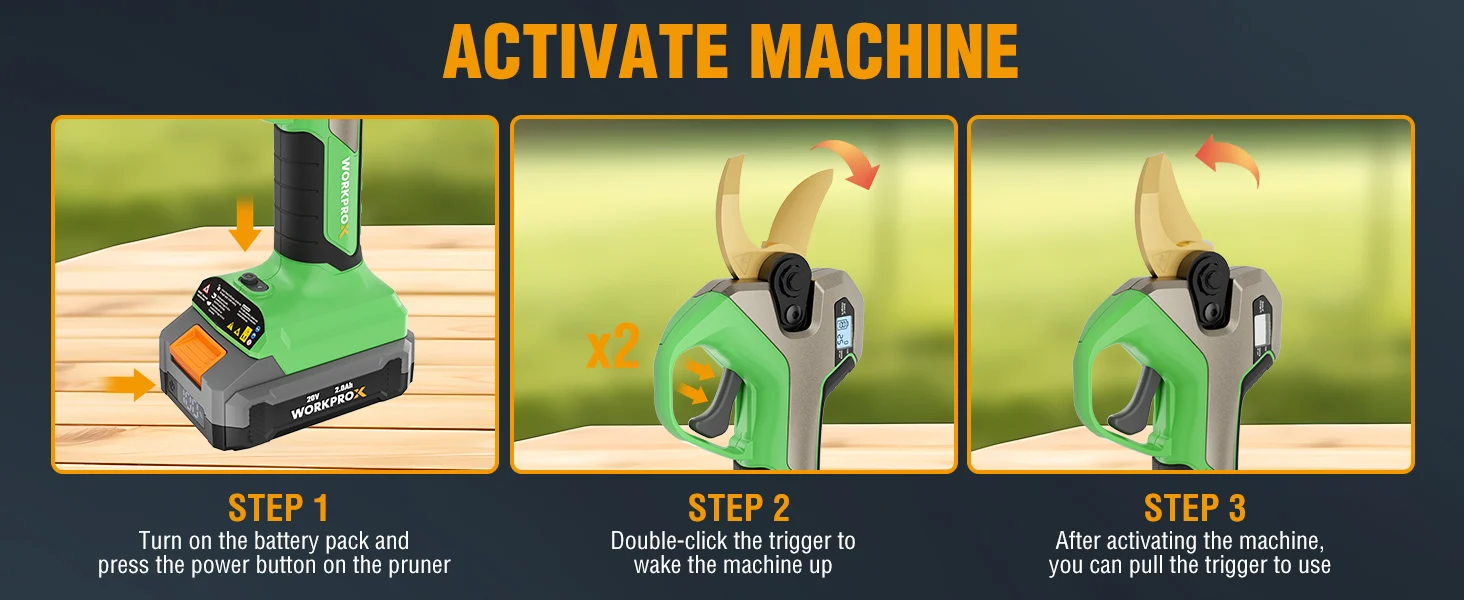 Innovation and quality shown on a green power tool activate machine steps, with secure and durable design