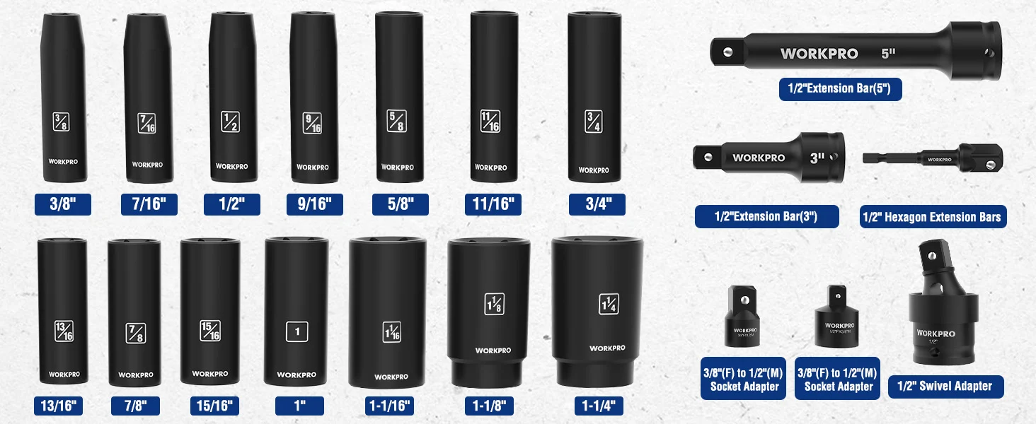 Set of black Workpro socket and extension bars with labeled sizes, including adapters and a 5 inch extension