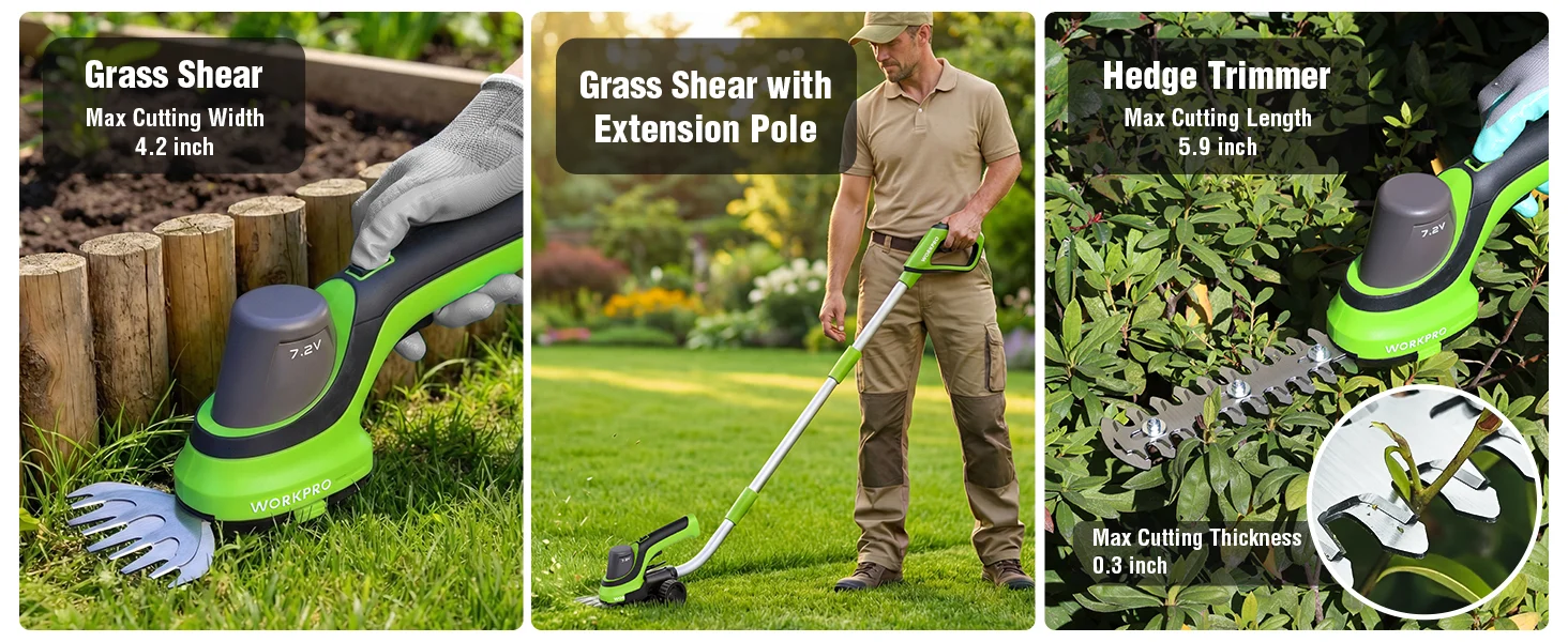 Green grass shear and hedge trimmer with extension pole, showing cutting width and length text overlays