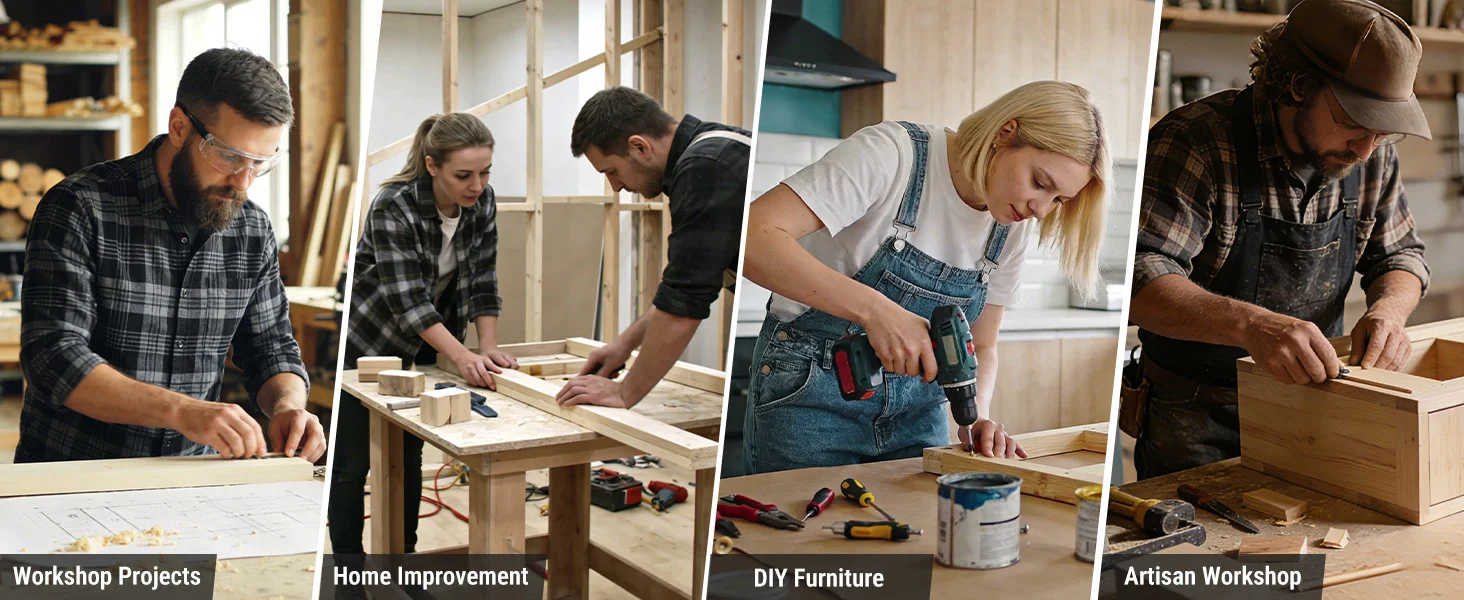 People in a workshop assembling wooden furniture, using drills and tools, showing innovation and quality