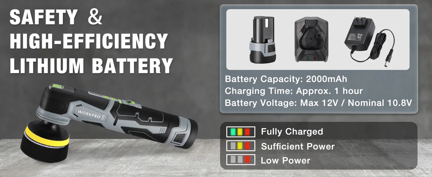 Cordless power tool with lithium battery pack and charger shown, with capacity and charging time details