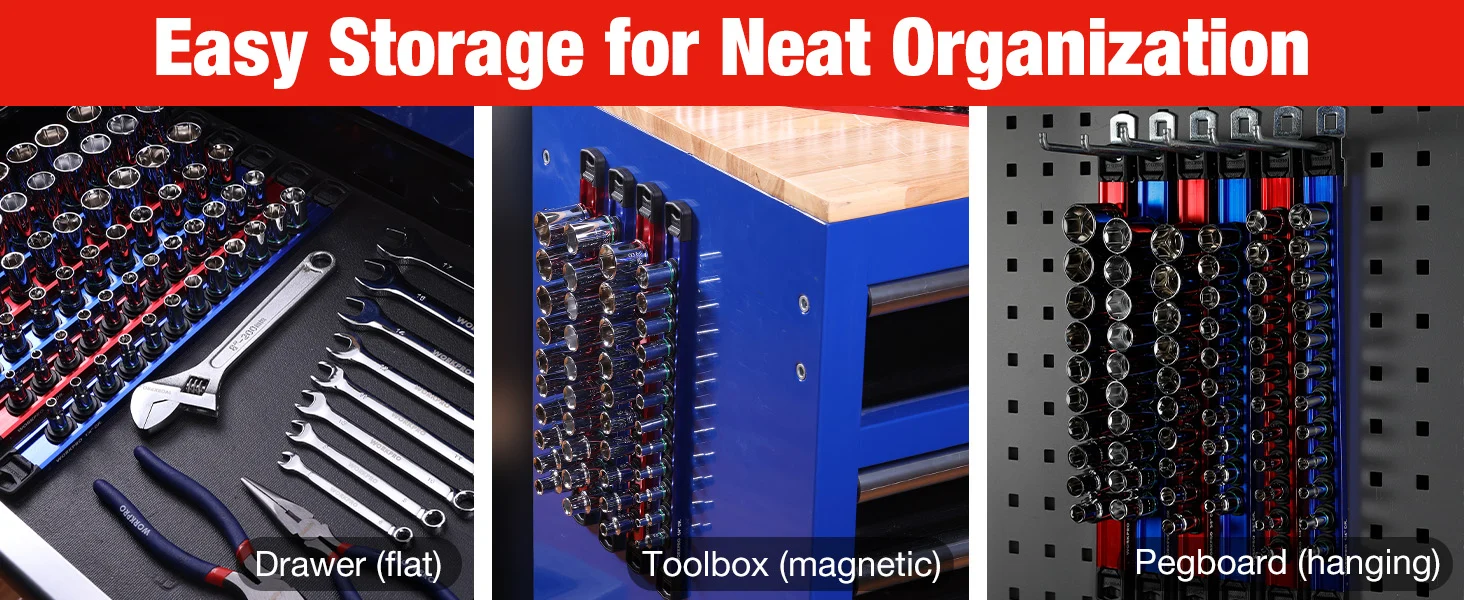 Tool storage with innovation and quality, showing a drawer of wrenches, a magnetic toolbox, and a hanging pegboard