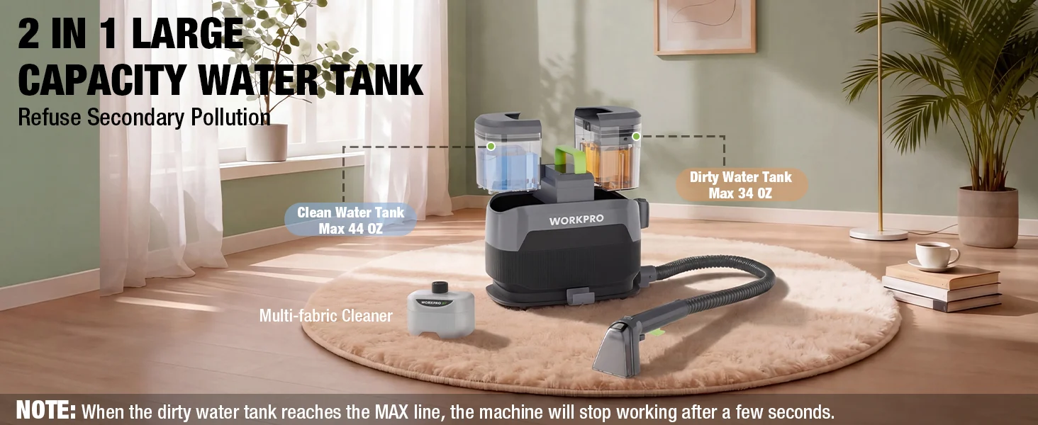 Robot vacuum with innovation and quality features, showing clean and dirty water tanks on a carpeted floor