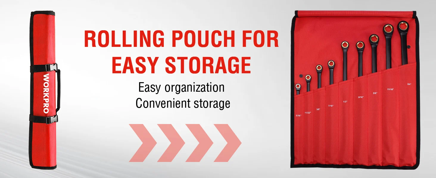 Red tool roll pouch with labeled pockets for easy organization, showing convenient storage and durable quality